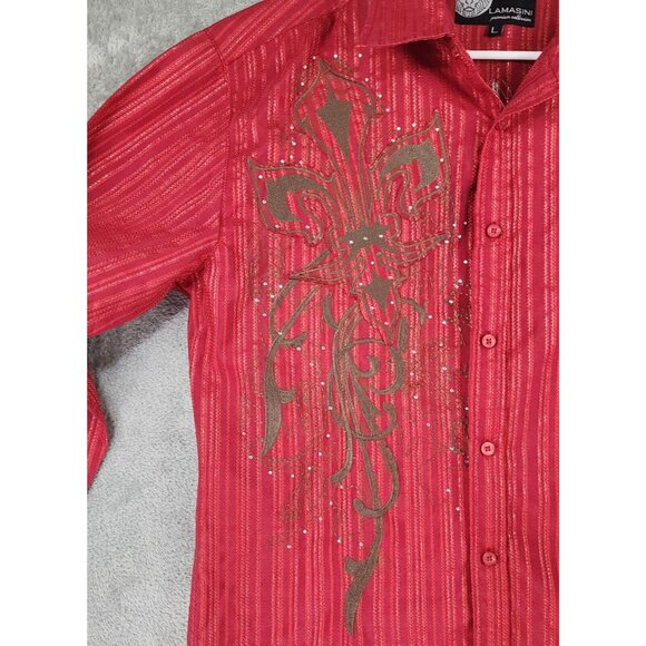 Lamasini Shirt Mens Large Red Striped Metallic Retro Button Up Long Sleeve - Picture 11 of 13